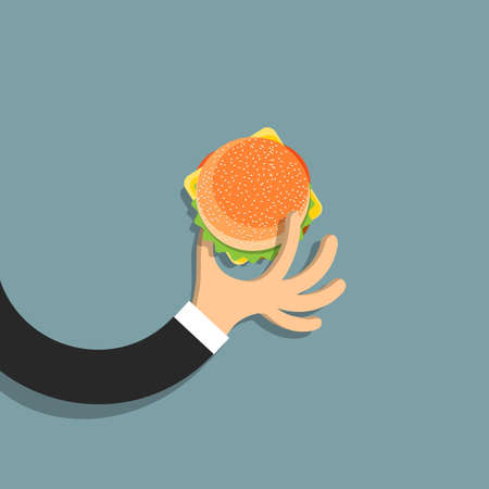 Flat hand with hamburger in cartoon style. Vector のイラスト素材