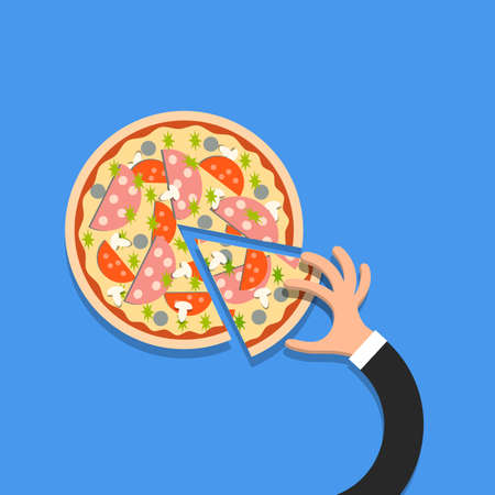 Flat pizza with hand in cartoon style. Vector のイラスト素材