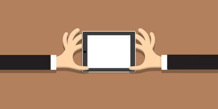Two hands with tablet (pc)  in cartoon style. Vector のイラスト素材