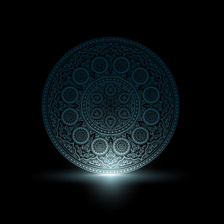 Mystical Delicate Blue Round Ornament Pattern with light. Arabic, Islamic, East style. Vector illustration for greeting card, postcard, invitation, poster, banner etc. Oriental decorative elementのイラスト素材