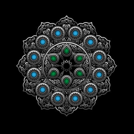 Silver Round Ornament Pattern with Blue and Green gemstones - Arabic, Islamic, East style. Vector illustration for greeting card, postcard, invitation, poster, banner etc. Oriental decorative elementのイラスト素材