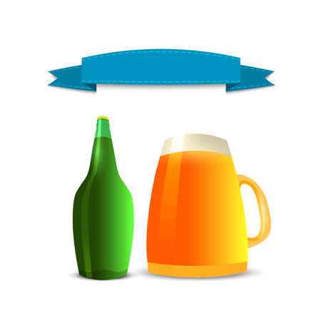 3D cartoon style Beer bottle, beer glass with vintage ribbon. Isolated on white background. Vector illustrationのイラスト素材
