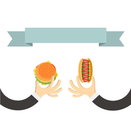 Hands with hamburger and with hot dog in cartoon style and banner for text. Vector illustrationのイラスト素材