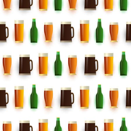 3D seamless pattern of Beer bottles,mugs,glasses. Vector backgroundのイラスト素材