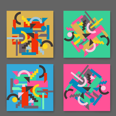 Vector set retro cards with colorful geometric shapes. Template layout, cover design, poster, flyer