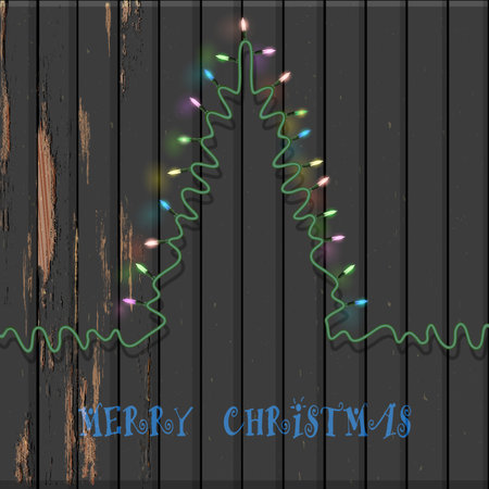 Christmas tree formed garland lights on old wooden background. Vector illustration for design New Year and Christmasのイラスト素材