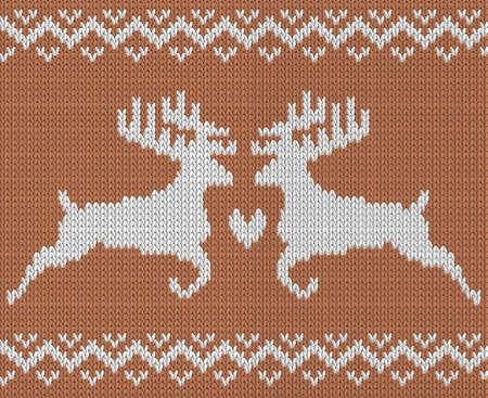 Knitting pattern with two deers and heart. Norwegian ornament. All elements separate and editable. Vector  backgroundのイラスト素材