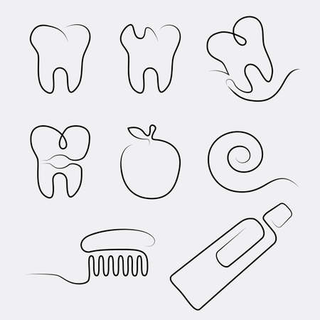 Set of line icons dental care in whimsy style. Hand drawn doodle icon from one line. Vector elements for creative medical design projectsのイラスト素材