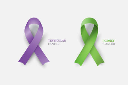 Two ribbons awareness symbol. Green ribbon - Kidney cancer awareness. Purple ribbon awareness Epilepsy,Eating Disorder, Bulimia. Vector setのイラスト素材