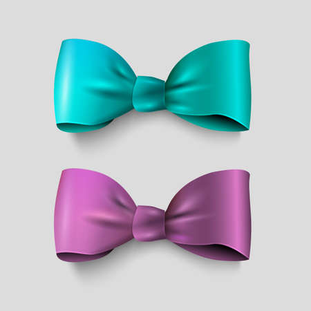 Two realistic bow - green and violet isolated on grey. Design elements for decoration gifts, greetings, holidays. Vector illustrationのイラスト素材