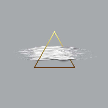 3d white paint brush stroke with triangle gold frame. Hand drawn painted textured banner. Vector design elementのイラスト素材