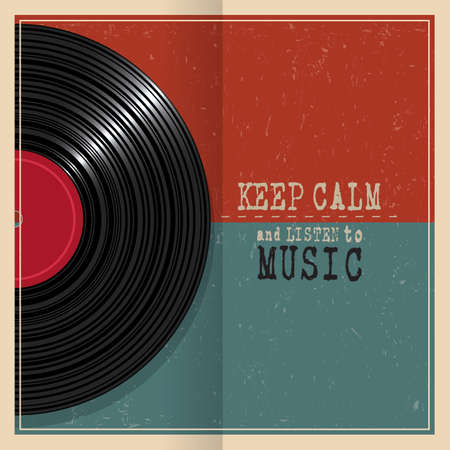Retro grunge poster with Vinyl disk record and quote Keep calm. Concept music grunge background. Vector illustrationのイラスト素材