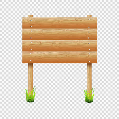 Wooden notice board with grass on transparent background.Vector illustrationのイラスト素材