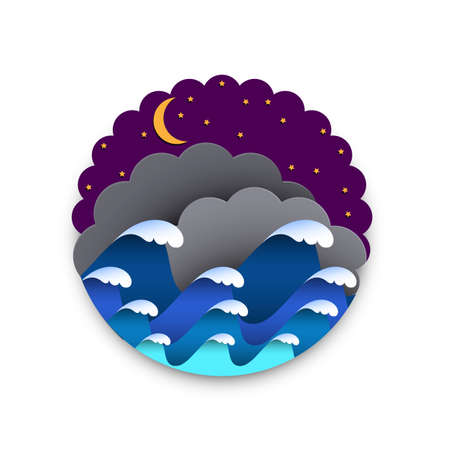 Origami paper waves with sea foam and moon with starsのイラスト素材