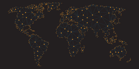 Vector polygonal world map on black. Abstract global connection structure. Trendy triangles design.Geometric concept world.のイラスト素材