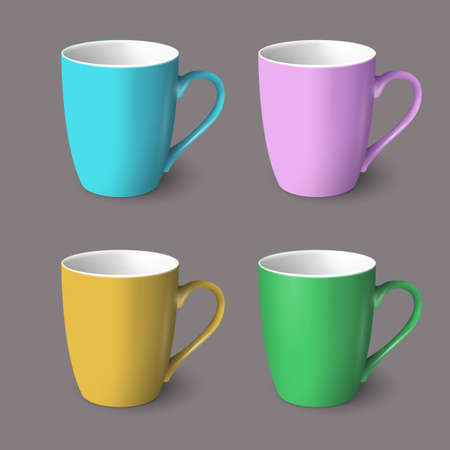 Set of color realistic coffee cups isolated on grey background. Vector template for Mock Up. Vector illustrationのイラスト素材