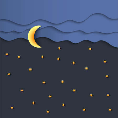 Moon,stars and clouds on night sky made from paper. Vector paper art styleのイラスト素材