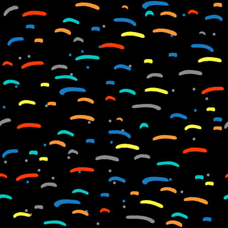 Seamless pattern of scattered colorful doodles. Memphis style geometric abstract background. Vector wallpaperのイラスト素材