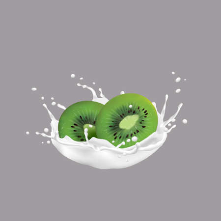 Kiwi fruit and milk splash, 3d style. Realistic vector illustration,vector iconのイラスト素材