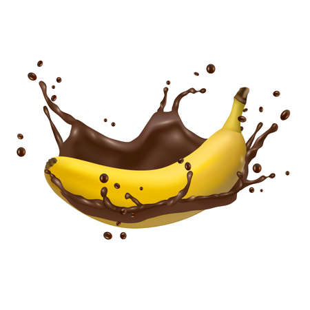 Banana and chocolate splash, 3d vector icon. Realistic vector illustrationのイラスト素材