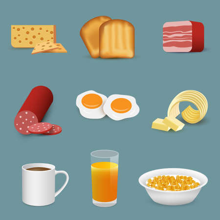 Morning fresh food and drinks symbols, breakfast icons. Vector set with coffee cup, fruit juice isolatedのイラスト素材