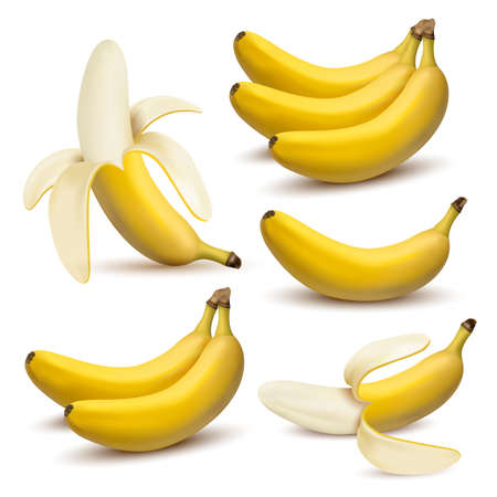 Set of 3d vector realistic illustration bananas. Banana,half peeled banana,bunch of bananas isolated on white background, banana iconのイラスト素材
