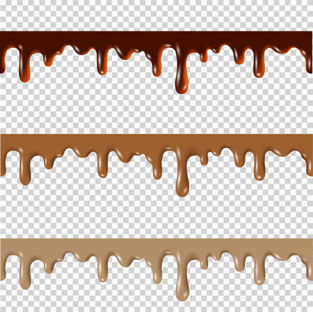 Set of melted chocolate,peanut butter,caramel seamless borders. Vector 3d realistic elementsのイラスト素材