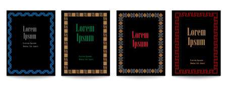 Set of black flyer pages ornament with geometric frames.Vintage art traditional, vector elements for retro design. Vector decorative retro greeting card or invitationのイラスト素材