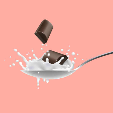 Chocolate pieces and with milk splashing on spoon, yogurt.のイラスト素材