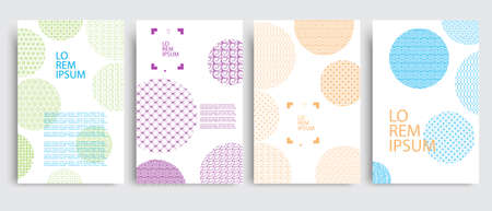 Set of covers with circles and different colored geometric patterns. Abstract geometric vector objects. Decoration shapes,asian style ornaments for web, print, patterns,brandingのイラスト素材