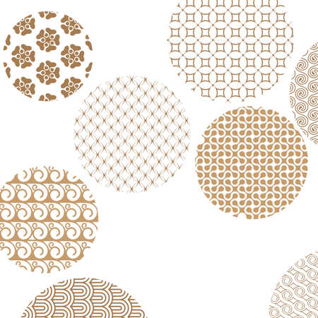 Geometric golden patterns formed circles on white with clipping mask. Gold abstract shapes. Asian style ornaments. Graphic design for cover,poster, card, templateのイラスト素材