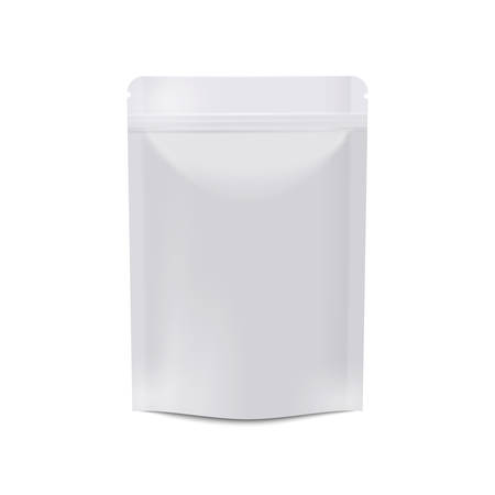 Realistic white blank food packaging. Vertical sealed empty bag. Vector mock up, template for package design. Graphic illustration isolated on white backgroundのイラスト素材