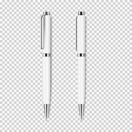 Two white realistic pen on transparent background.Vector set of corporate identity, branding stationery templates. Mockup ready for designのイラスト素材