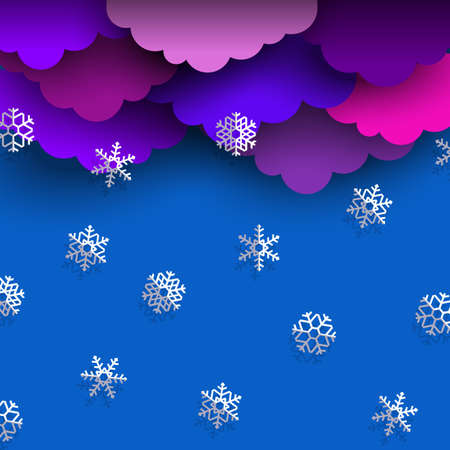 Paper  bright clouds on blue winter sky with paper white snowflakes. Background for Merry Christmas and happy new year holiday design, greeting card, poster, banner,paper art design and craft style. Vector illustrationのイラスト素材