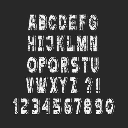 Stylish White Grunge alphabet letters and numbers,vector set,chalk style. Scratched texture letter font. Retro vintage typography vectorのイラスト素材