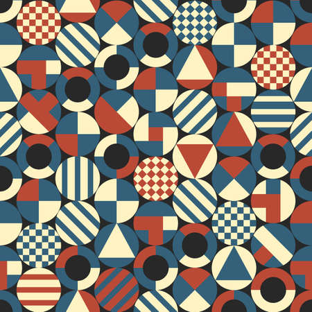 Abstract circles with geometric shapes, seamless pattern, retro colors Vector background.Vintage wallpaper for textile printing, packaging, wrapper, web designのイラスト素材