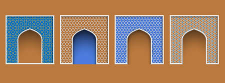 Arabic style arch frame, set of islamic ornate architectural elements for Eid al-Adha greeting card design. Vector collectionのイラスト素材