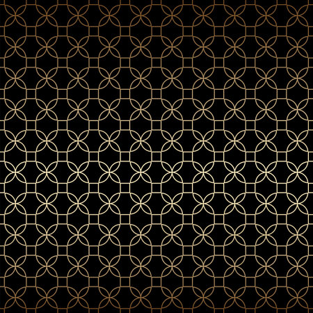 Linear black and gold geometric seamless pattern with stylized flowers, art deco style. Luxury...