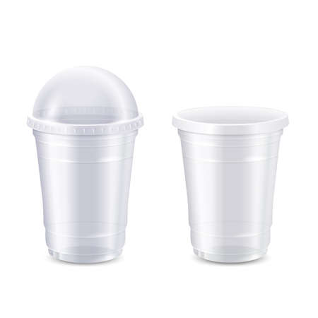 Vector set of empty clear disposable plastic cup,realistic 3d. Transparent container for juice fresh, milkshake and lemonade. Vector Illustration isolated on white background, Mock Up templateのイラスト素材
