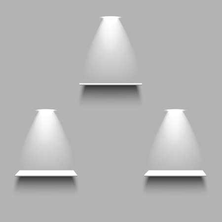White empty shelves with light and shadow on grey background. 3d realistic vector design elements setのイラスト素材