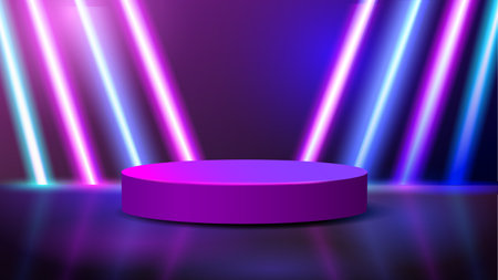 Dark abstract room with blue and purple neon light, pedestal podium. 3d style realistic vector illustrationのイラスト素材