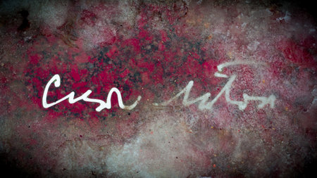 A hand writing on pavement covered in snow, water and ice