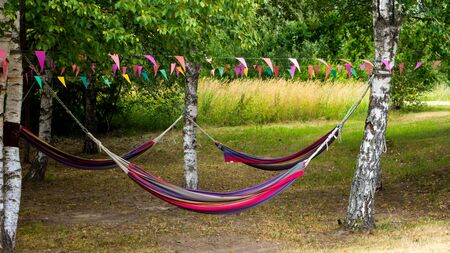 Colorful hammocks hanging outside in a park between trees with some flags above themの写真素材