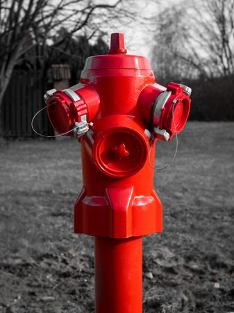 Red fire hydrant in rural area with black and white grass behind itの写真素材