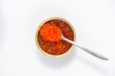 Can of red caviar isolated on white backgroundの写真素材