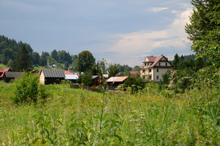 Small town in the mountains (Kro?cienko in Poland)の写真素材