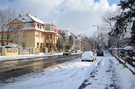 City street in winter Gliwice, Polandの写真素材