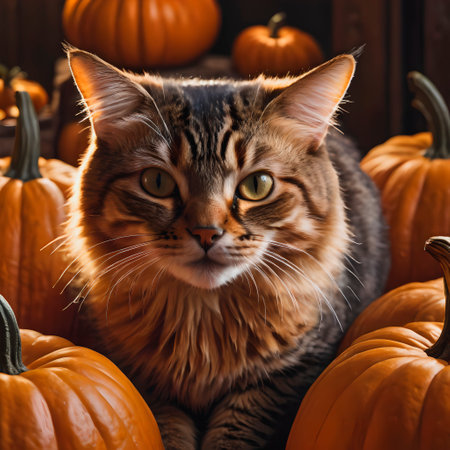 Portrait of a Maine Coon cat on a background of pumpkinsの素材