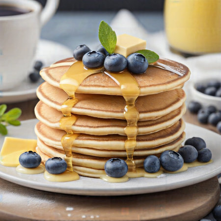 Pancakes with blueberries, honey and butter, selective focusの素材
