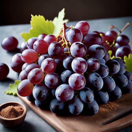 Grapes on a wooden board. Dark background. Selective focus.の素材